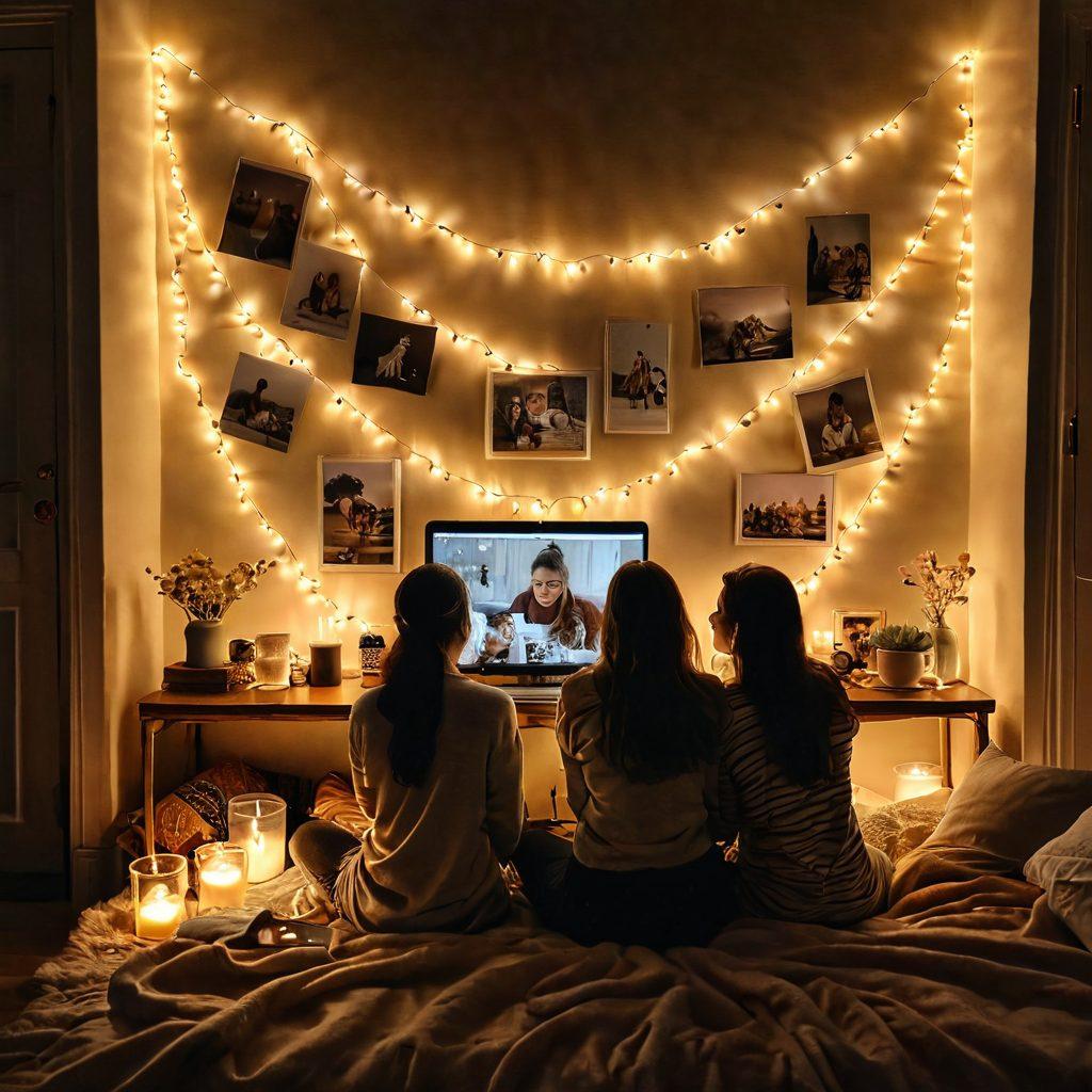 A cozy dimly lit room with a couple sitting close together watching a romantic video on a laptop. Soft glowing fairy lights decorate the space, and a warm blanket envelops them. Elements such as popcorn, candles, and framed pictures of special moments are subtly placed around, creating an intimate atmosphere. A gentle heart-shaped glow emanates from the screen. warm colors. soft focus. romantic vibe.