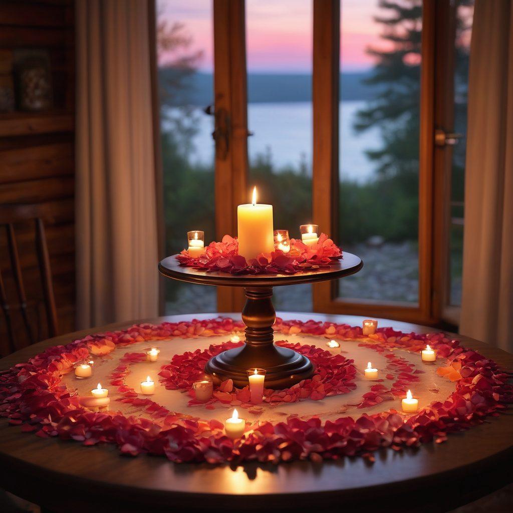 A dimly lit, intimate setting featuring a beautifully set table for two with candles and soft rose petals. In the foreground, a couple sharing a loving gaze, surrounded by a warm glow. The background showcases a romantic landscape, like a sunset on a beach or a cozy cabin in the woods. Emphasize warmth and tenderness to evoke feelings of romance and connection. soft focus. vibrant colors. 3D.