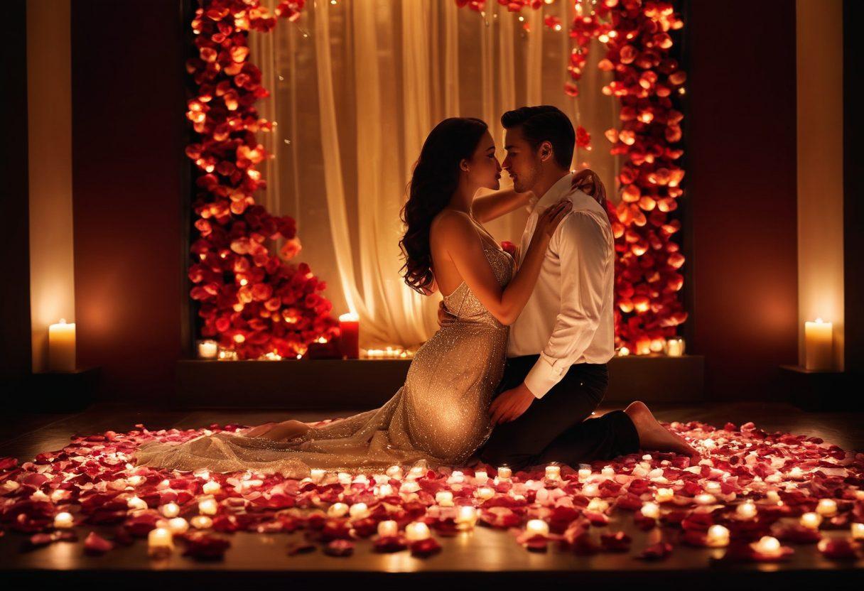 A sultry, romantic scene featuring a couple sharing an intimate moment by candlelight, surrounded by soft rose petals and a backdrop of twinkling fairy lights. The image should evoke a sense of desire and connection, capturing the essence of passion and romance. Incorporate rich reds and soft golds to enhance the mood. The couple should be partially silhouetted, adding an air of mystery. super-realistic. vibrant colors. warm lighting.